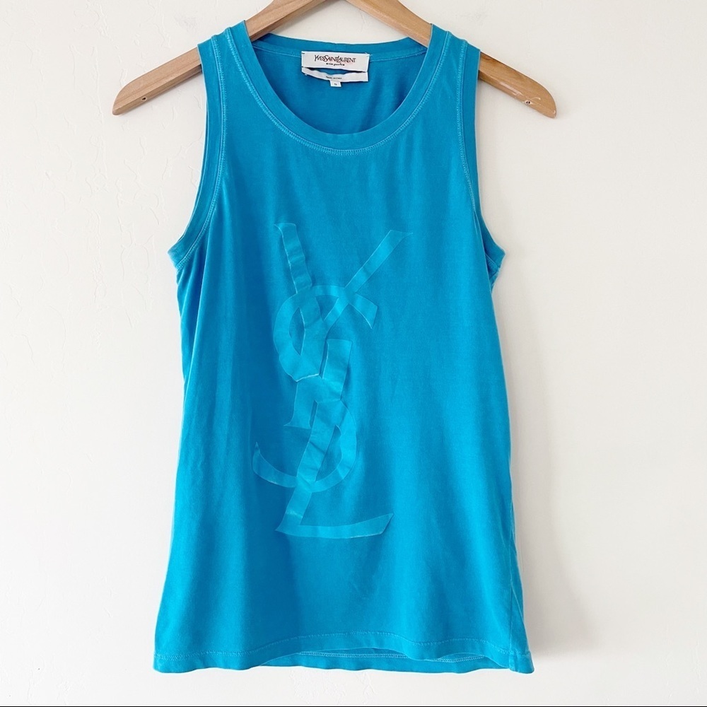 Yves Saint Laurent 1990s YSL Velvet logo-print tank top Teal Blue